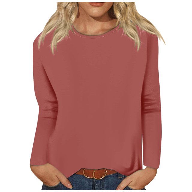 AherBiu T Shirts for Women Fall Long Sleeve Crewneck Basic Tee Tops Loose Solid Color Comfy Shirts