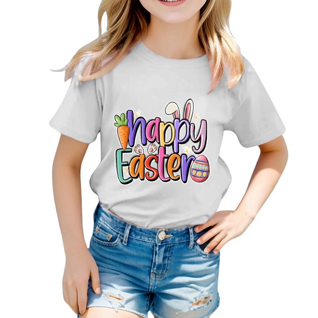 MIASHUI Girls Easter Graphic Print Short Sleeve Tee Kid Boy T-Shirt,White,6-7 Years