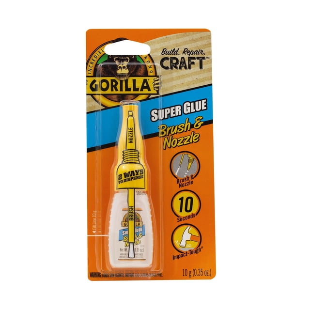Super Glue Brush & Nozzle by Gorilla in orange and blue packaging, featuring a 10 g (0.35 oz) bottle with a yellow precision tip nozzle and fine bristle brush for controlled glue application, fast drying in 10 seconds, impact-tough formula suitable for office and school glue projects.