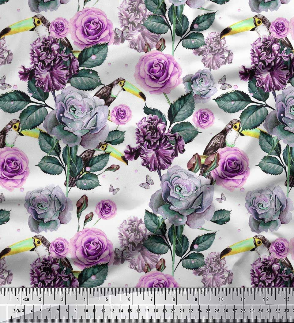 Soimoi Poly Georgette Fabric Leaves & Rose Flower Printed Fabric 1 Yard 52 Inch Wide