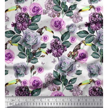 Soimoi Polyester Crepe Fabric Leaves & Rose Flower Decor Fabric Printed Yard 42 Inch Wide