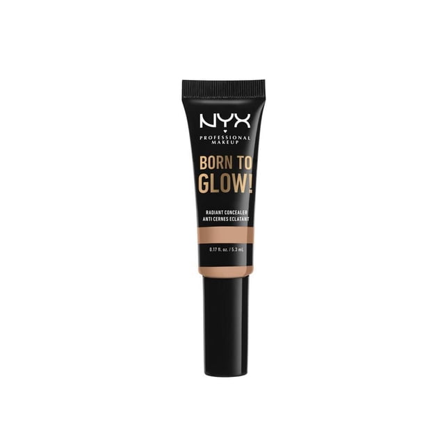 NYX Professional Makeup Born to Glow! Radiant Concealer 5.3 mL tube with black cap and body, beige text and band, designed to brighten eyes and conceal blemishes with a built-in puff applicator, ideal for travel size makeup.