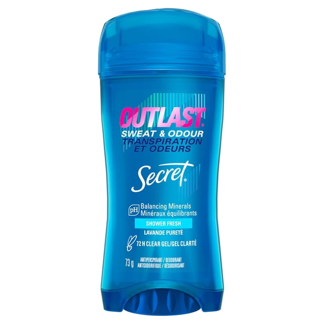 Secret Outlast Clear Gel Antiperspirant Deodorant for Women in Shower Fresh scent, blue translucent plastic container with pink and white text, featuring pH balancing minerals and 72-hour sweat and odour protection, 73 g size