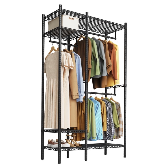 Heavy Duty Metal Garment Organizer Rack – Freestanding Storage Shelf with Adjustable Shelves & Hanging Rods – 1000 lbs Capacity for Closet, Wardrobe, or Dorm – Portable Steel Clothing Rack, Black