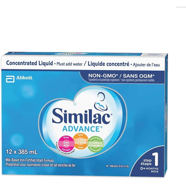 Similac Advance Step 1 Non-GMO Baby Formula concentrated liquid in a blue box with white heart logo, containing 12 bottles of 385 mL each for infants 0+ months, fortified with DHA, lutein, and natural vitamin E to support brain and eye development, easy-to-prepare by adding water.