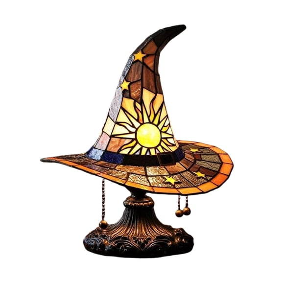 Vacemry Witch Hat Lamp Stained Glass Handmade Glowing Gothic Table Lamp LED Night Light, Purple Resin Glowing Ornament for Indoor Party Bedroom Living Room Bookshelf Desk Decor
