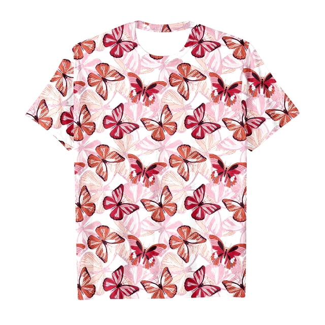 T-shirts Filles Manches Courtes Imprimé Papillons Décontracté Hauts Filles Rouge 10-11 Ans