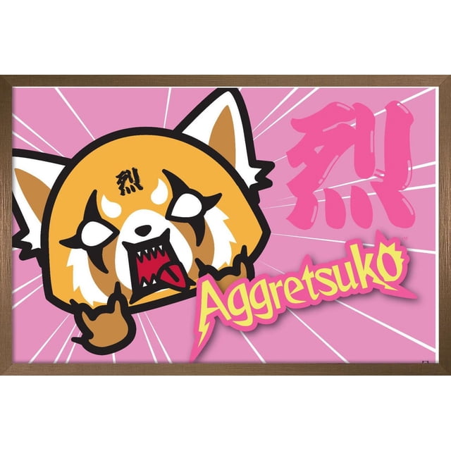 Aggretsuko - Affiche Murale de Cornes, 14,725 Po x 22,375 Po Mettant en Vedette un Personnage de panda Roux de Dessin Animé Orienté vers l'Avant avec des Yeux Blancs, Bouche Ouverte Montrant des Dents Tranchantes et une Langue Qui Se Déplie, Faisant un Geste de Main rock sur un Fond Rose avec des Lignes Radiales Blanches, Grand kanji Japonais Rose, et Texte « Aggretsuko » Jaune-Rose, Encadré en Bois Brun, Convient