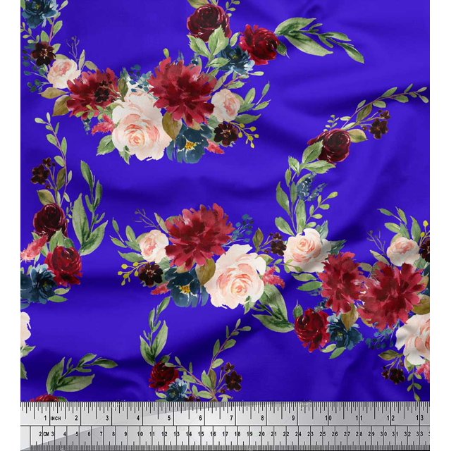 Soimoi Blue Rayon Fabric Ranunculus & Penoy Floral Print Print Fabric By the Yard 58 Inch Wide