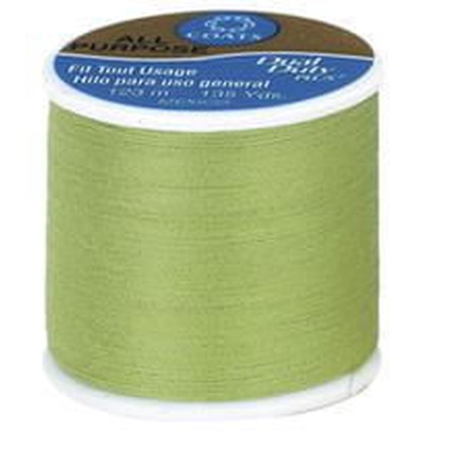 Coats & Clark All Purpose Polyester Thread spool in light green, 123 metres of 100% polyester covered polyester thread for hand and machine sewing on knits and woven fabrics, shown in a close-up front view on a white background, also suitable for craft projects requiring durable thread.