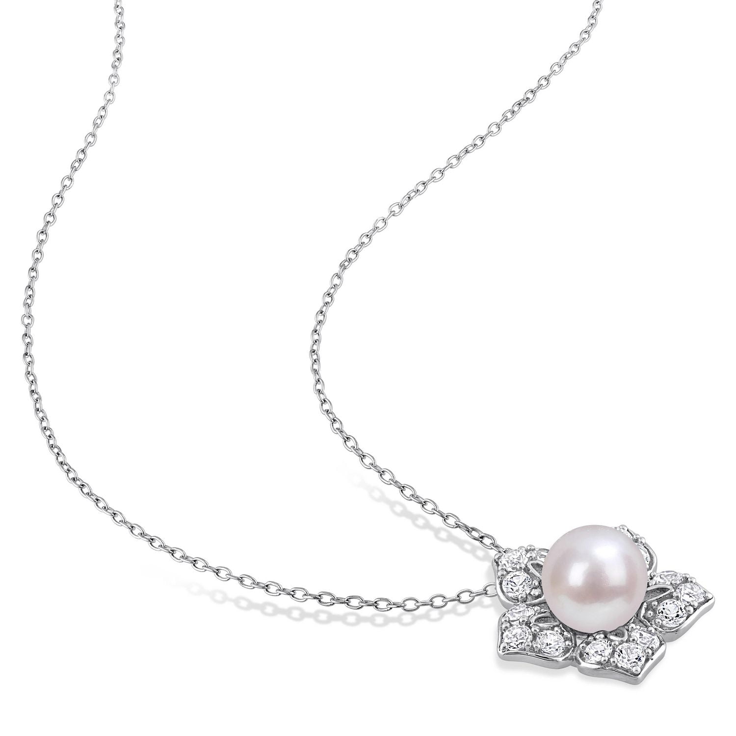 Collier Miabella avec perles culture d'eau douce et saphirs blancs synthétiques de 1-1/3 carat p.t. en argent sterling