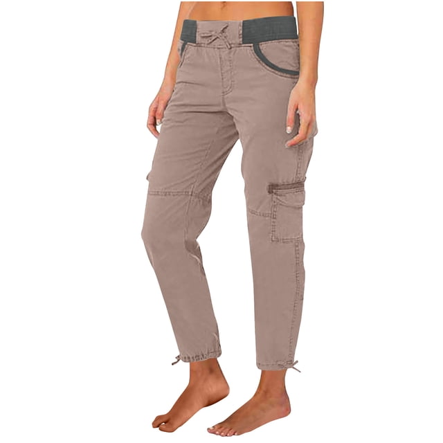 Jsaierl Womens Casual Loose Cargo Pants Elastic Waist Drawstring Plus Size Pants Comfy Adjustable Leg Opening Straight Leg Pants with Pockets