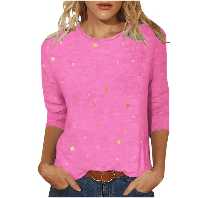 AherBiu T-Shirts pour Femmes à Manches 3/4, Coupe Ample, Col Ras du Cou Décontracté, Imprimé Graphique, Automne, T-Shirts Confortables