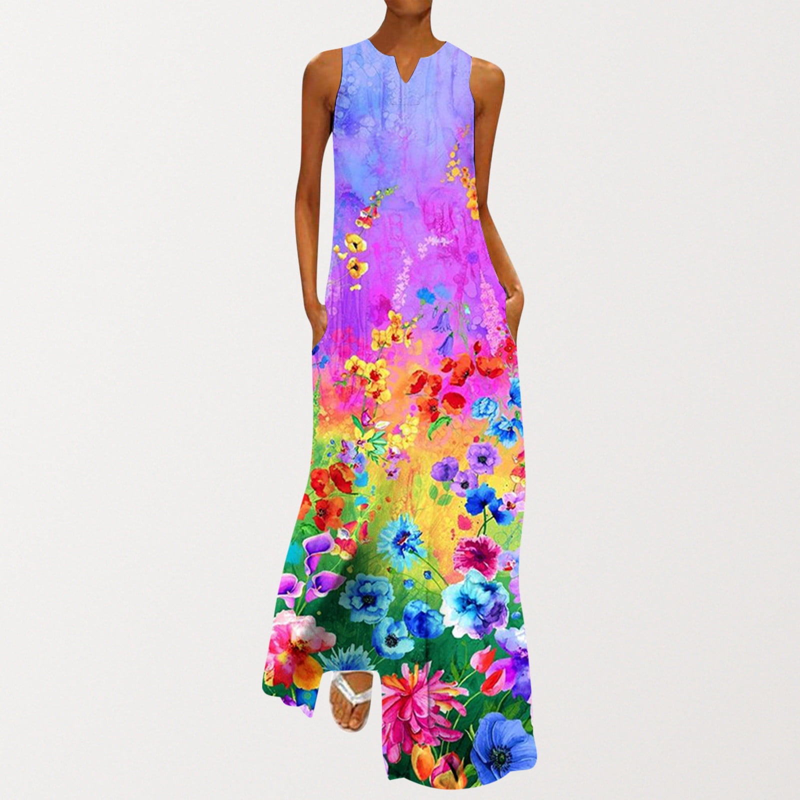 Robes pour Femmes Pulpeuses Mode Col en V Sans Manches Été Soirée Fête Imprimé Dames Poche Gilet Longue Robe Petites Robes en Liquidation