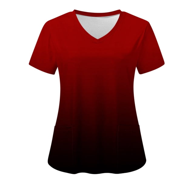 Cameland Women's Working Uniform Nursing Uniform With Two Pockets Scrubs Top Gradient Color Short Sleeve V-neck Tee