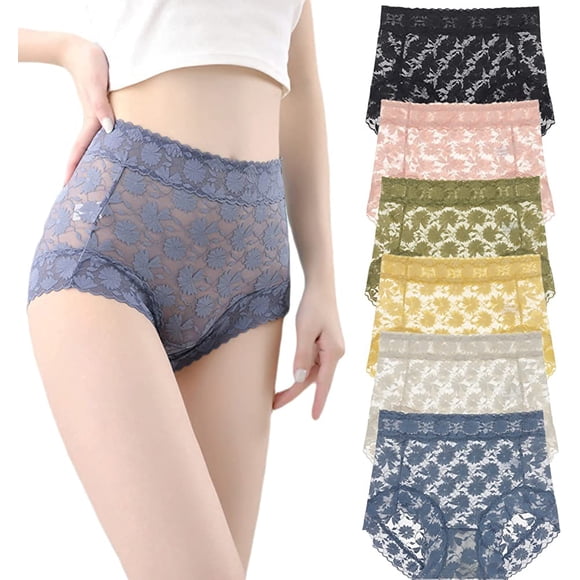 Women's French Ice Silk Lace Belly Panties High Waisted Ladies Briefs Sexy Underwear 6-Pack