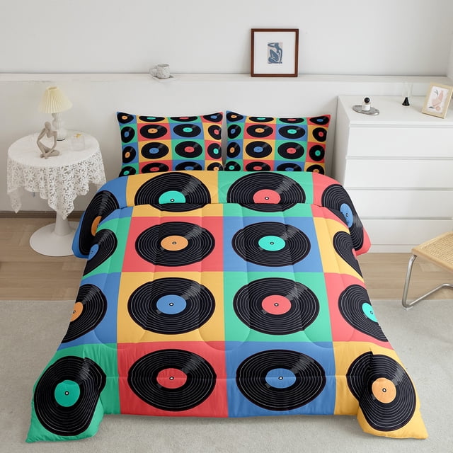 YST Music Disc Down Comforter Twin Size,Colorful Plaid Pattern Comforter Set For Adult Teens,Pop Music Duvet Set,Hip Hop Style Bedding Set 1 Comforter with 1 Pillow Case,Soft Warm 2Pcs
