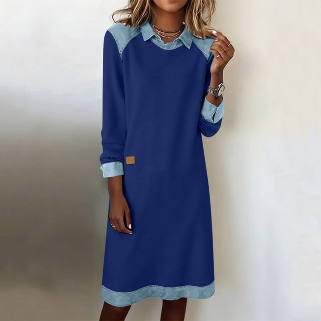 Mceream Robes Longues pour Femmes Formelles Grande Taille à Blocs de Couleur Robe Patchwork en Denim Printemps Ample Décontractée à Col Midi Robes Chandail Bleu Marine P