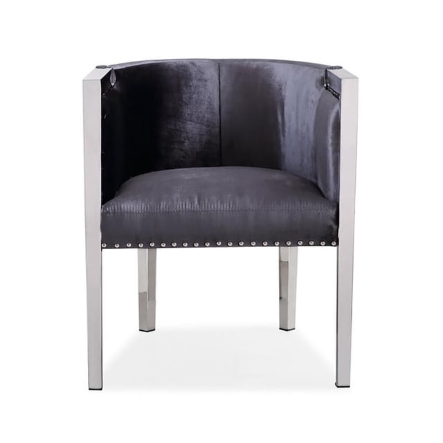 Home Gear Accent Chair with a contemporary barrel back design, dark grey velvet upholstery, polished stainless steel frame and legs, and nailhead trim along the seat edge, ideal for living room seating or as an accent chair.