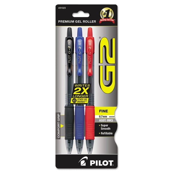 Pilot 31023 G2 Premium Retractable Gel Ink Pen Refillable Assorted Ink .7mm 3/Pack