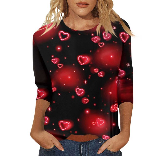 Hot Sale!! Hauts de la Saint-Valentin à Manches 3/4 pour Femmes Grande Taille Tunique à Col Rond Tenues Douces pour la Saint-Valentin Rouge + TTG