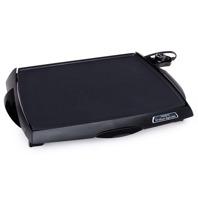 Presto Tilt 'n Drain Electric BigGriddle with Nonstick Ceramic Cooking Surface, a 22-inch electric griddle with a ceramic nonstick surface, adjustable heat control, and a slide-out drip tray for easy cleanup. Ideal for versatile cooking needs.