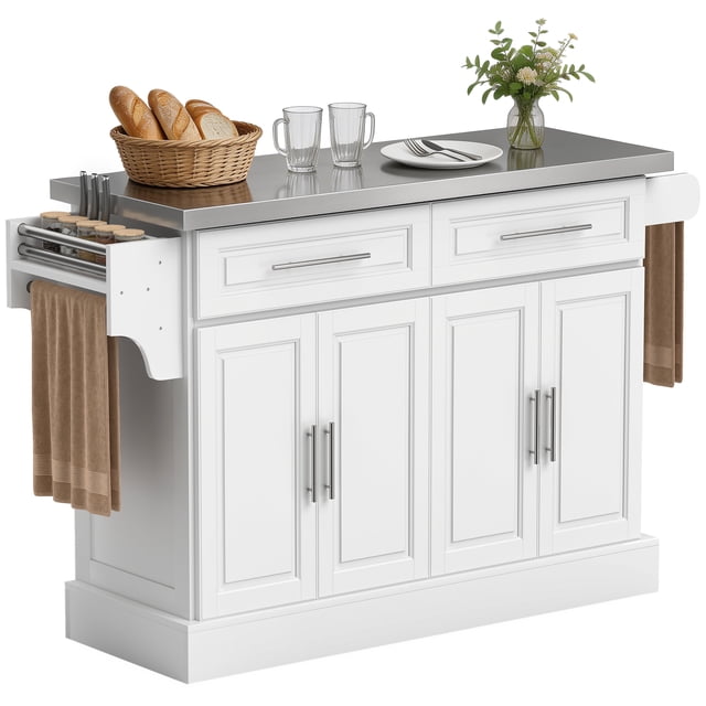 HOMCOM Kitchen Island with Stainless Steel Top, 2 Drawers and 2 Cabinets