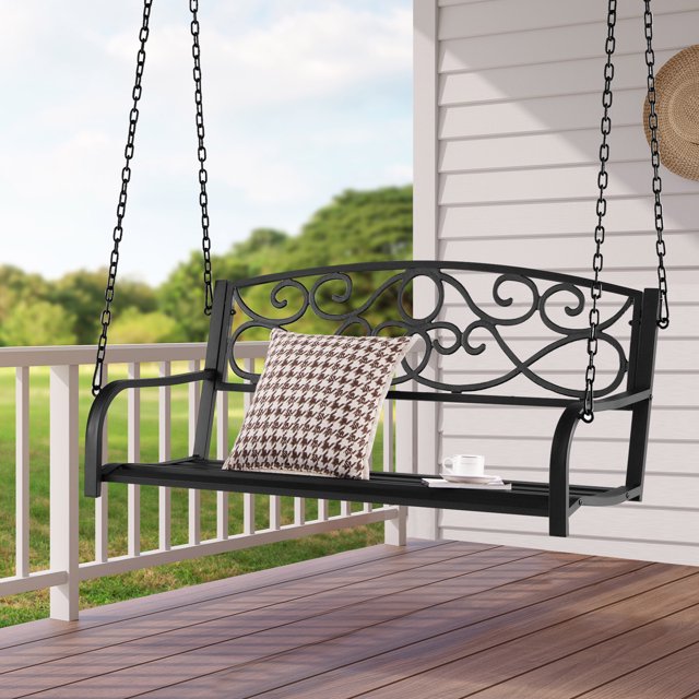 Gymax Balançoire de Porche Suspendue pour Patio avec Chaînes, Noire