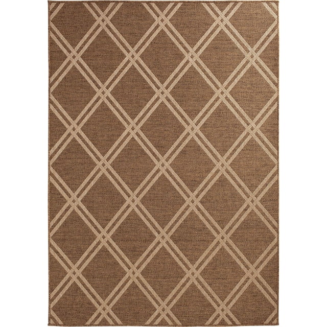 Smithleighs Beige and Tan Woven Area Rug with a tan and brown trellis pattern of intersecting diagonal lines forming diamond shapes, made from durable, stain-resistant polypropylene yarns ideal for indoor and outdoor use including decks and mudrooms.