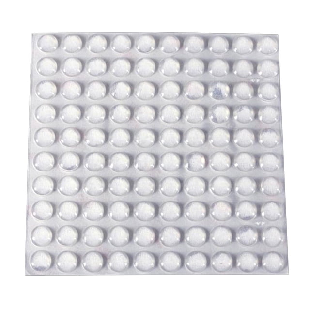 Cheers 100pcs transparent silicone feet semicircle bumper door buffer self-adhesive pad set arranged in a grid layout. Each clear circular pad is designed for anti-collision, noise reduction, and impact absorption. Ideal for use on doors, cabinets, drawers, and surfaces like wood, glass, plastic, and ceramics. Commonly used in hardware applications.