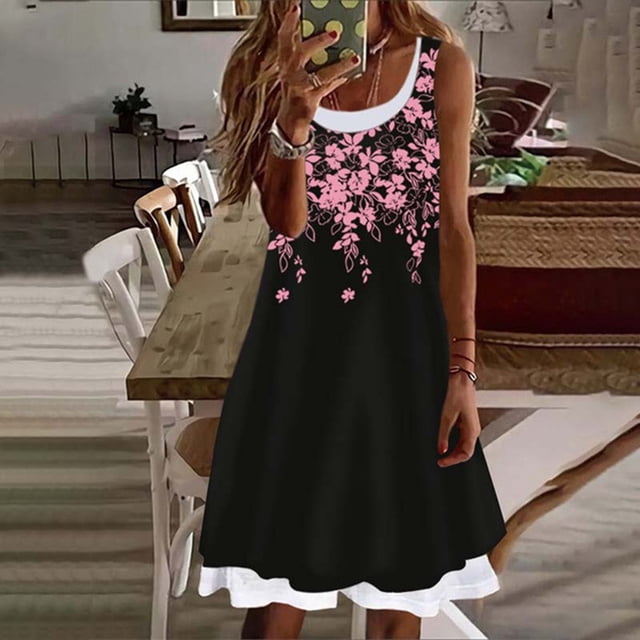 EGNMCR Robes d'Été Femmes Tendance Mode Femme Décontractée Sans Manches Imprimé Col Rond Faux Deux Pièces Gilet Robe Débardeur