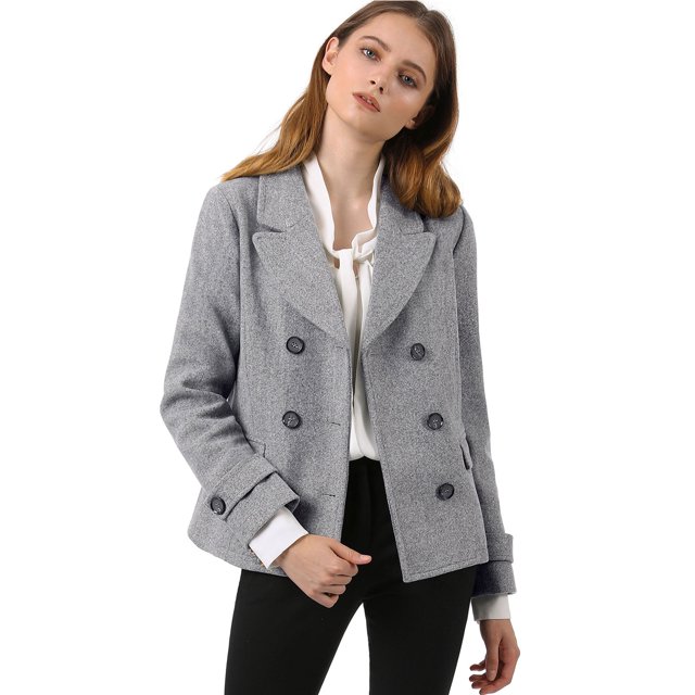 INSPIRE CHIC Women's Winter Worsted Notched Lapel Double Breasted Short Peacoat