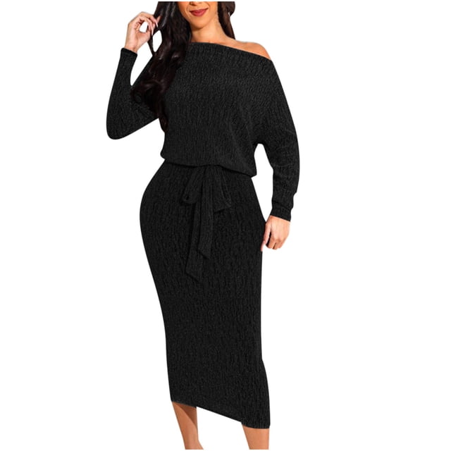 Pompotops Robe Décontractée de Mode pour Femme, Chandail à Manches Longues, Col en V, Aguichant, Épaules Dénudées