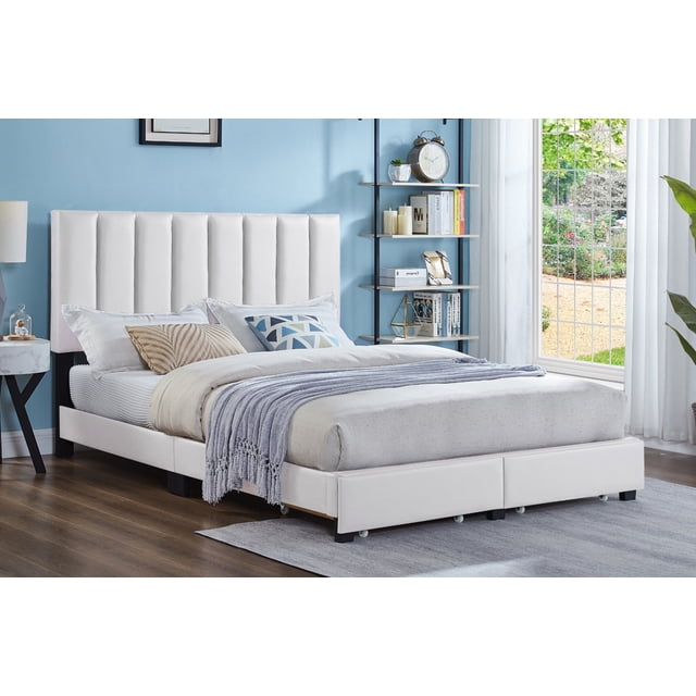 Jesse Upholstered Storage Platform Bed with Drawers & Adjustable Tufted Headboard, No Box Spring Required, White, Queen