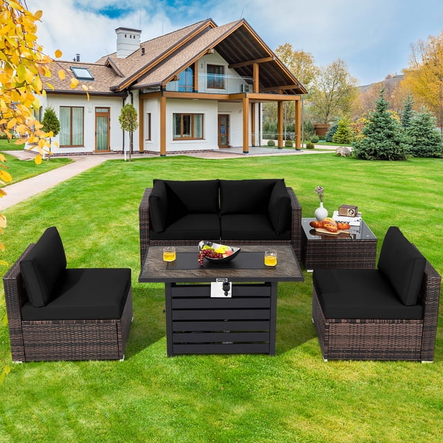 Costway 6PCS Patio Rattan Furniture Set 42" Fire Pit Table Cover Sofa Cushion Black