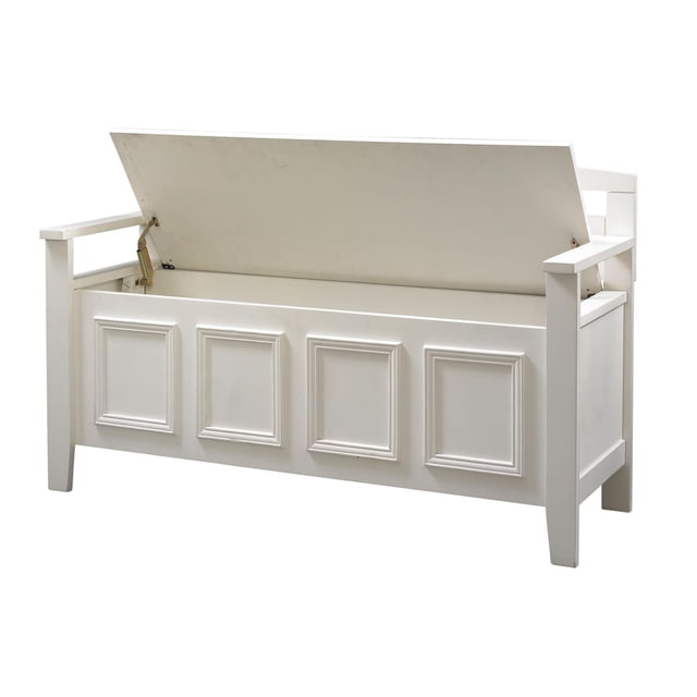 Banc de Rangement Blanc Niles avec Couvercle à Rabat, Ouverture, Grand Compartiment de Rangement Caché. Il Présente un Dossier en Échelle, une avant à Panneaux Décoratifs et des Accoudoirs dans une Finition Blanche Nette, Idéal pour des Sièges et un Rangement Supplémentaires dans les foyers Ou les Vestiaires.