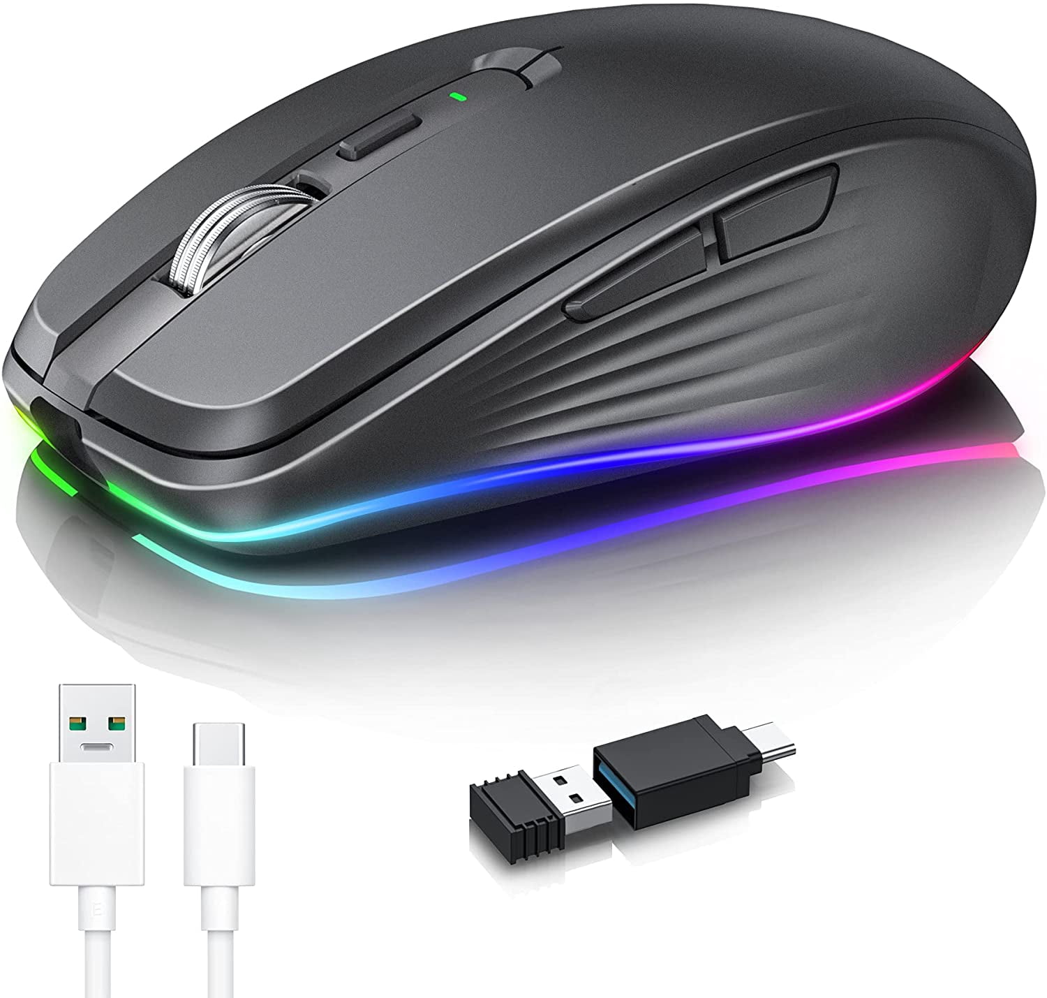 Rechargeable Wireless Mouse, 2.4G RGB 4 Adjustable DPI (Max 3600) Quiet Ergonomic Mouse with 6 Buttons for PC, Computer, Laptop, ChromeBook,Tablet, Compact Cordless Mice, USB and USB-C Adapter (Black)