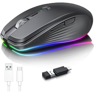 Rechargeable Wireless Mouse, 2.4G RGB 4 Adjustable DPI (Max 3600) Quiet Ergonomic Mouse with 6 Buttons for PC, Computer, Laptop, ChromeBook,Tablet, Compact Cordless Mice, USB and USB-C Adapter (Black)