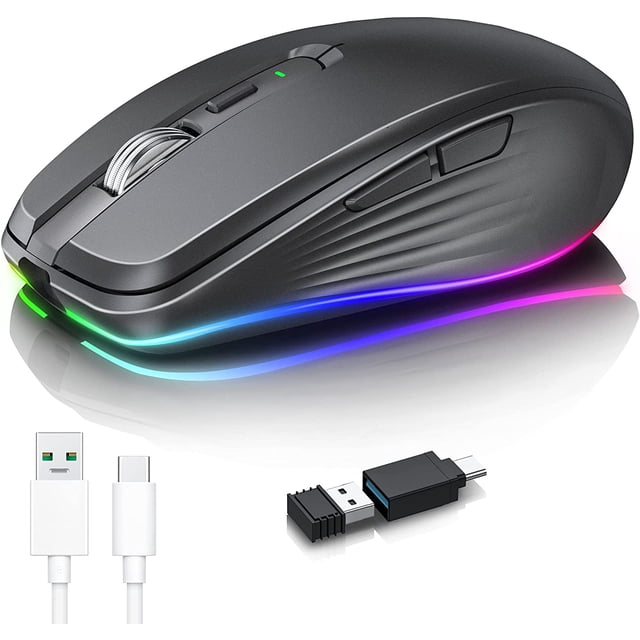 Souris sans fil rechargeable, 2.4G RGB 4 ajustable DPI (Max 3600) Souris ergonomique tranquille avec 6 Boutons pour PC, Ordinateur, ordinateur portable, ChromeBook,Comprimé, Mice compact sans fil, USB et USB-C Adaptateur (Noir)