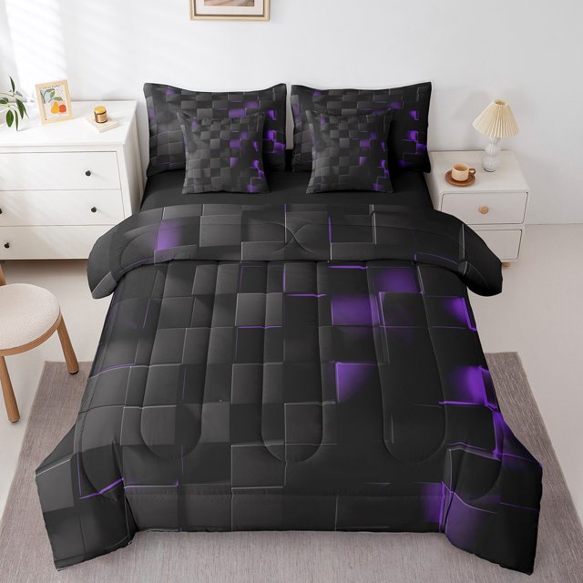 YST 7 Piece Geometry Bed in a Bag, Black Abstract Plaid Cushion Covers, Purple Square Pattern Bedding Set, King