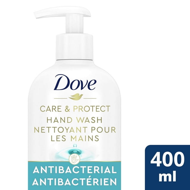 Dove Care & Protect Antibacterial Hand Wash 400 ml white pump bottle with blue and gold label, moisturizing antibacterial liquid soap for gentle hand cleansing and skin protection.