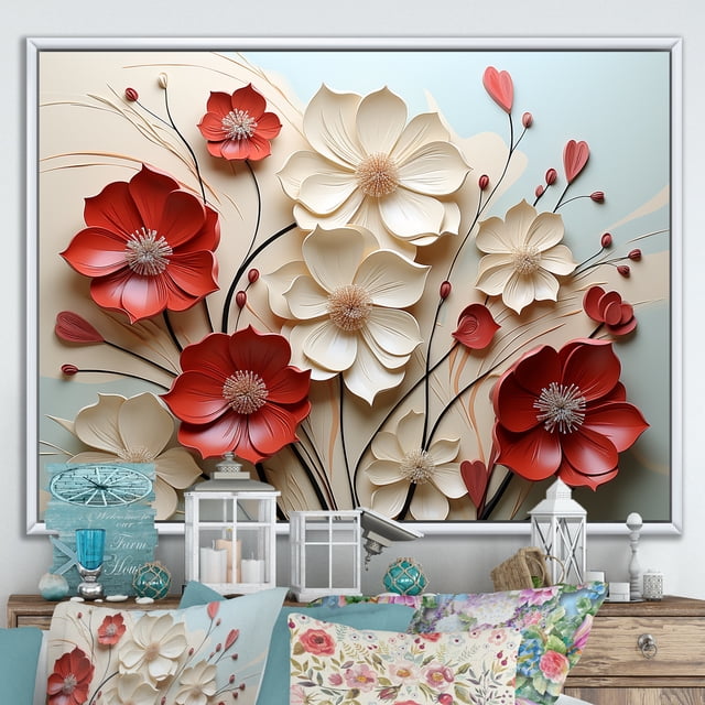 Designart art Mural Encadré avec Fleurs, art Mural Encadré avec Fleurs, Double Étreinte de Fleurs Cramoisies Rouges et Blanches, Très Grand art Mural Encadré Blanc, Cadre de Couleur Blanche 40x30 Pouces