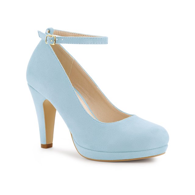 BLISSFUL STEP Chaussures pour Femmes Bout Rond Talon Aiguille Bride à la Cheville Escarpins Bleu Ciel 6,5