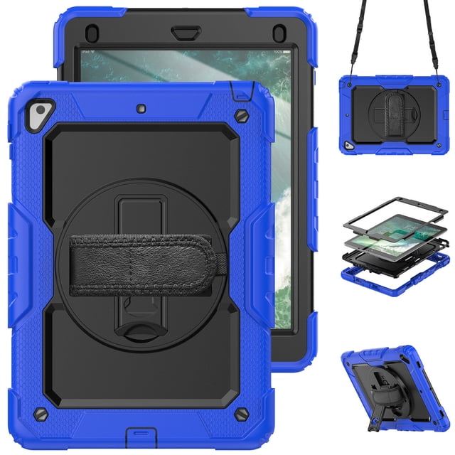 Case for iPad 6th / 5th Gen (2018 2017) / iPad Air 2 / iPad Pro 9.7 inch with Screen Protector, 360 Degree Rotating Kickstand Hand Strap Shockproof Cover with Shoulder Strap, Blue