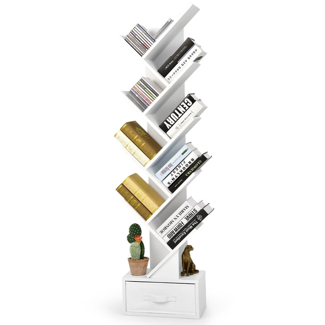 Costway Bibliothèque Arbre à 10 Niveaux avec Tiroir, Étagère Autoportante, Étagère de Rangement, Blanc