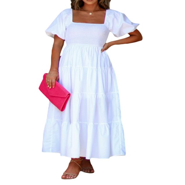Robe Longue Élégante pour Femmes à Manches Courtes et Encolure Carrée