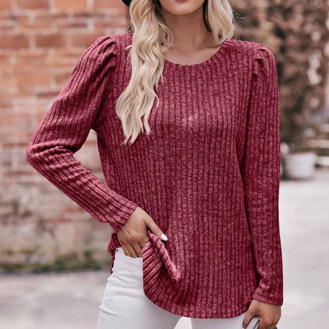 Yuyuzo Womens Round Neck Ruffle Shoulder Long Sleeve Striped Solid Color Tops Fall Casual Tops