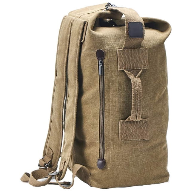 Military Duffel Bag Top Load Double Strap Canvas Backpack Army Travel (upgrade khaki small)