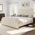thumbnail image 4 of Bingirl Queen Size Platform Bed Frame with Vertical Channel-Tufted Headboard, Footboard, Nailhead Trim - No Box Spring Needed, Cream, 4 of 10