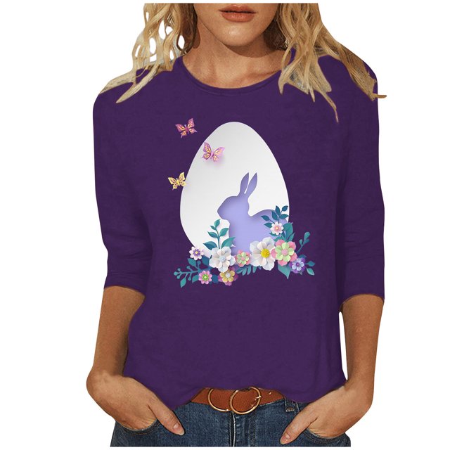 RKSTN Womens Tops Easter Cute Bunny Printed Loose Fit Tops Round Neck 3/4 Sleeve Spring Summer Soft Blouse Tops